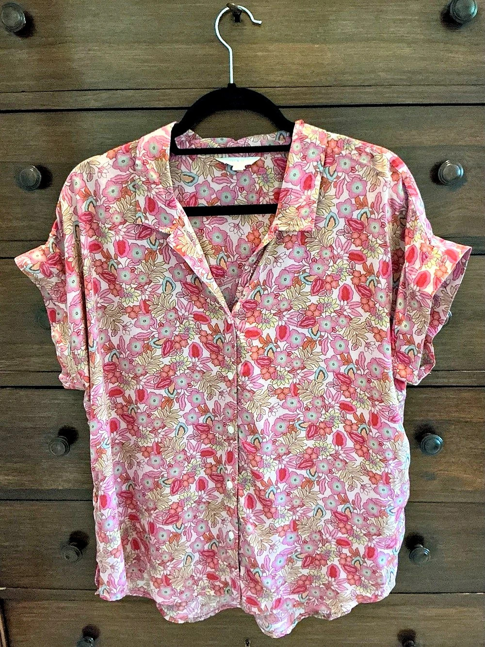 Lucky Brand Pink Floral Short Sleeve Button-Down Shirt Pink & Red Medium